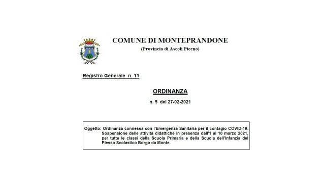 Coronavirus: Monteprandone, sospese lezioni in presenza fino al 10 Marzo nella scuola di Via Borgo da Monte