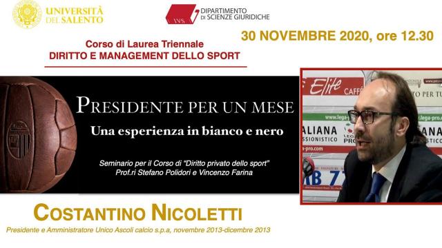 Ascoli Calcio, seminario online Università del Salento sull'esperienza in bianconero di Nicoletti
