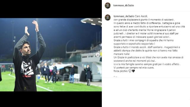 Ascoli Calcio, D'Orazio: “Con grande dispiacere è giunto il momento di salutarci. Vi porterò sempre nel mio cuore”