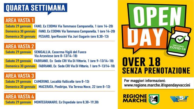 Vaccini anti-Covid, quarto fine settimana di Open Day nelle Marche per i cittadini over 18