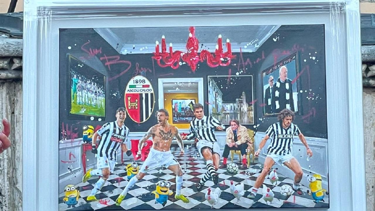 Ascoli Calcio, l'artista Renè presenta il quadro dedicato ai colori bianconeri