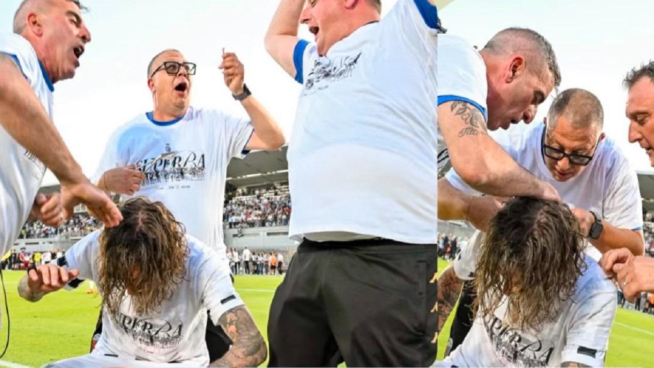 Ascoli Calcio, Corazza festeggia la quinta promozione in B della carriera con il taglio del codino. Indimenticabile il gol al 