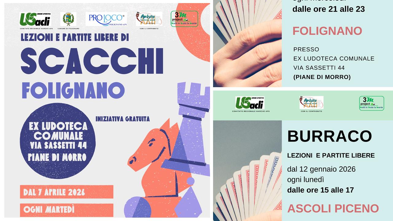 Progetto “Nuove energie”: iniziative ad Ascoli Piceno e Piane di Morro di Folignano con scacchi e burraco