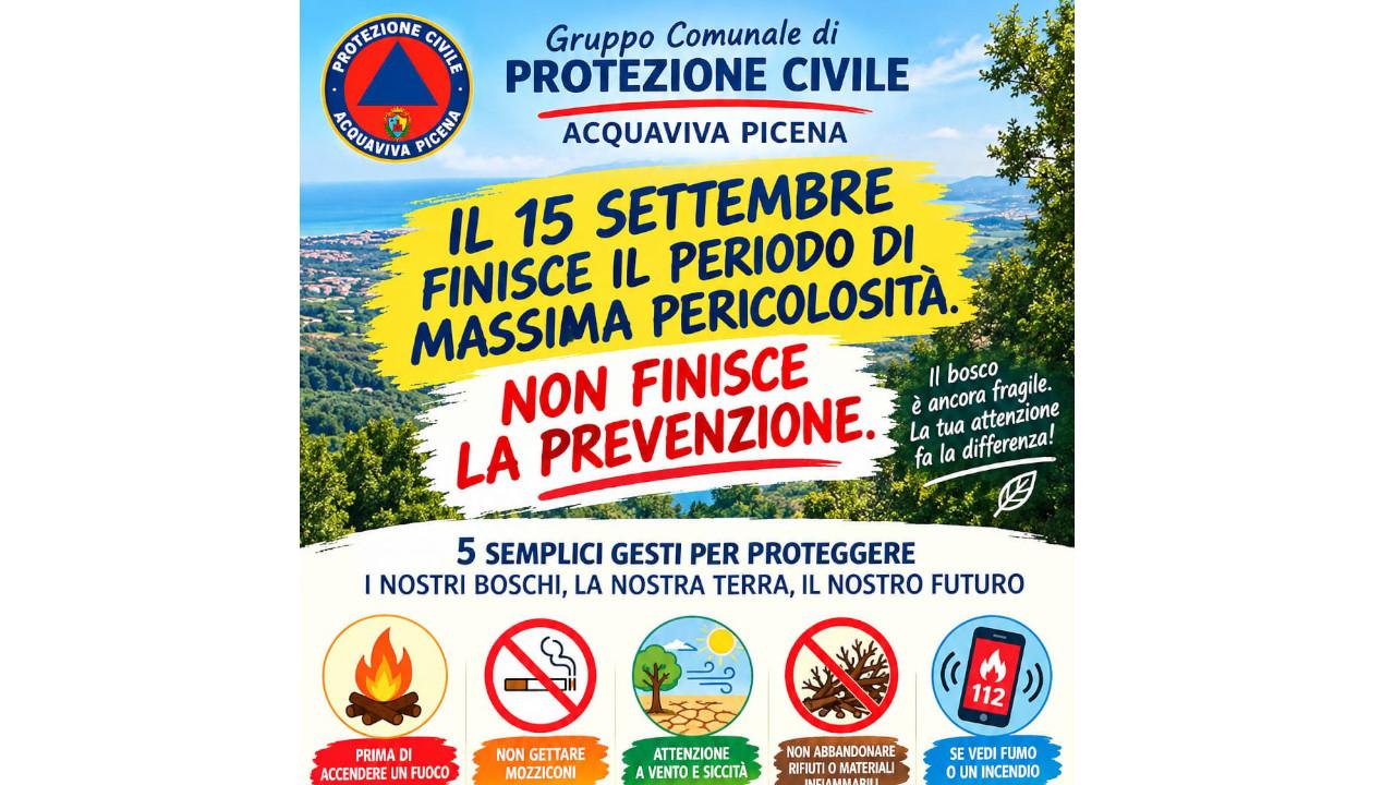 Incendi boschivi, Protezione Civile Acquaviva Picena: termina stato pericolosità ma non abbassare la guardia