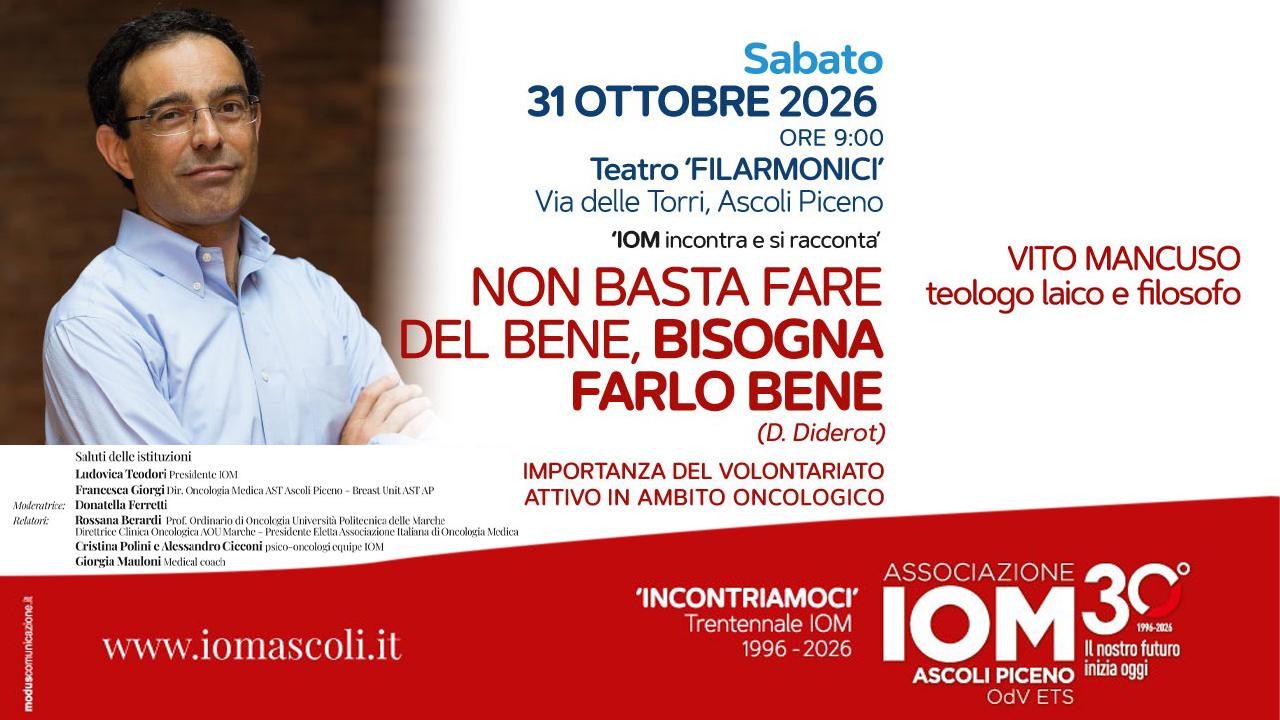 Il filosofo e teologo Vito Mancuso ospite ad Ascoli Piceno per appuntamento conclusivo degli incontri istituzionali del trentennale IOM