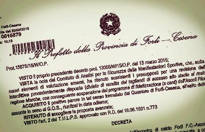 Forlì-Ascoli, ufficiale l'ok del Prefetto. Polverizzati tutti i biglietti