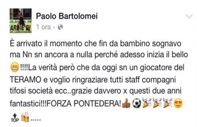 Teramo, in attesa delle udienze preso Bartolomei dal Pontedera