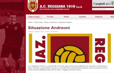 Controanalisi, Reggiana prende atto della positività di Andreoni