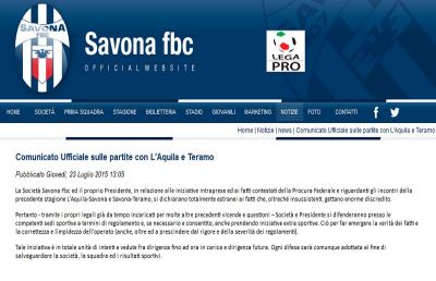 Caso Teramo, il Savona si dichiara totalmente estraneo ai fatti