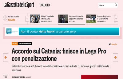 Gazzetta dello Sport, Lega Pro con penalizzazione per il Catania