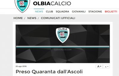 Ascoli Picchio, il giovane difensore Quaranta in prestito all'Olbia