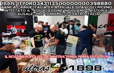 Terremoto, infaticabili Ultras 1898. Aperto conto corrente per donazioni