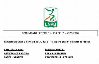 Serie B, stabiliti date e orari dei recuperi delle sei partite della 29esima giornata