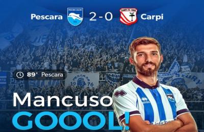 Pescara-Carpi 2-0, un'autorete di Mbaye ed il solito Mancuso rilanciano il Delfino