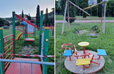  Grottammare, follia vandalica al Parco 1° Maggio. Devastati tutti i giochi della Bambinopoli