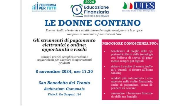 San Benedetto, conferenza ''Le donne contano'' per la sicurezza degli strumenti digitali di Utes e Banca d'Italia