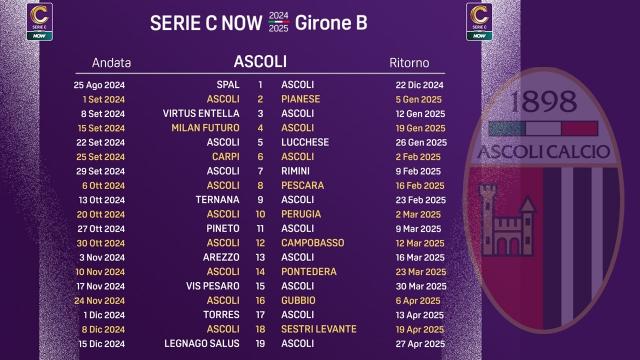 Ascoli Calcio: prima giornata Serie C girone B, i bianconeri sfidano la Spal in trasferta. Il calendario completo