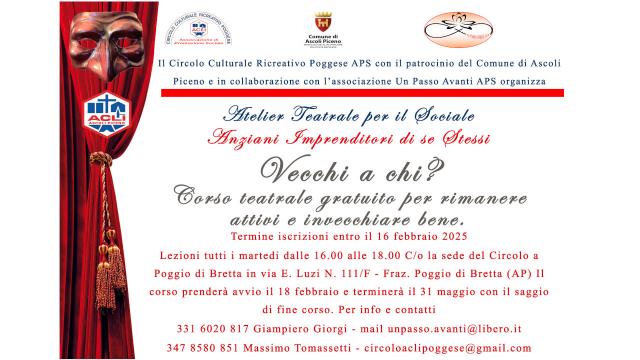 Ascoli Piceno, corso teatrale gratuito per rimanere attivi e invecchiare bene con l'associazione Un Passo Avanti Aps