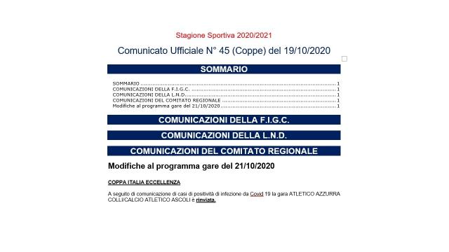 Coronavirus: Coppa Italia Eccellenza Marche, rinviata Atletico Azzurra Colli-Atletico Ascoli