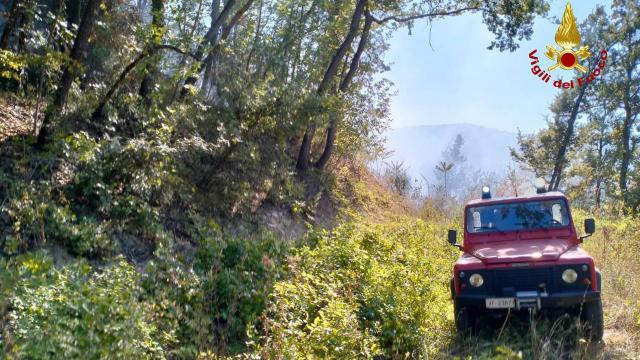 Ascoli Piceno, incendio vegetazione in zona Castel Trosino. Vigili del Fuoco al lavoro con ausilio di elicottero
