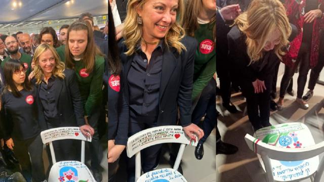 Vinitaly, ragazzi 'Locanda del Terzo Settore–Centimetro Zero' regalano una sedia alla premier Meloni