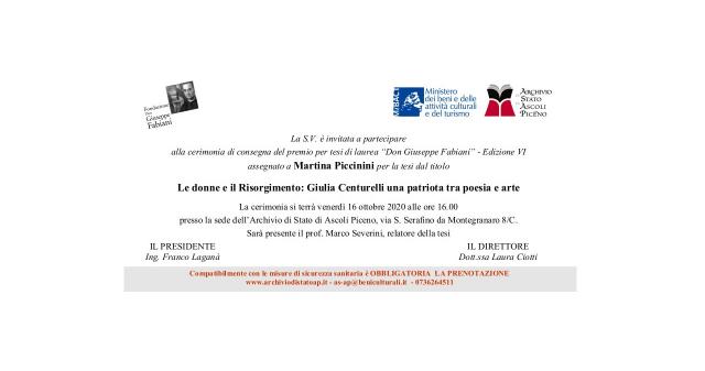 Ascoli Piceno: Archivio di Stato, cerimonia assegnazione premio ''Don Giuseppe Fabiani''