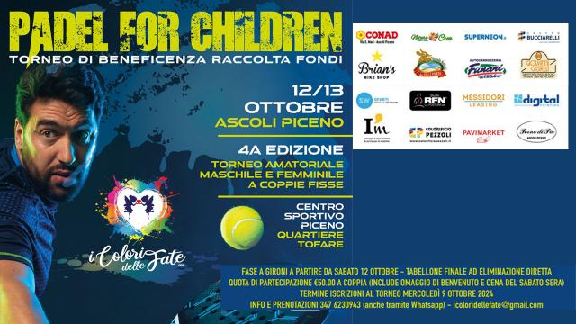 Ascoli: I Colori delle Fate, torna 'Padel for Children'. Raccolta fondi a sostegno reparti Oncoematologia Pediatrica 