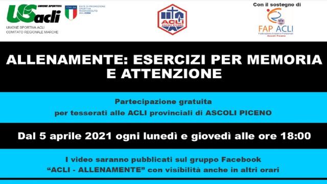 Acli Ascoli Piceno: dal 5 Aprile ''Allenamente'', esercizi per memoria ed attenzione
